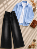 BLACK WASHED WIDE LEG JEANS + WHITE INNER & SKY BLUE BUTTON DOWN SHIRT