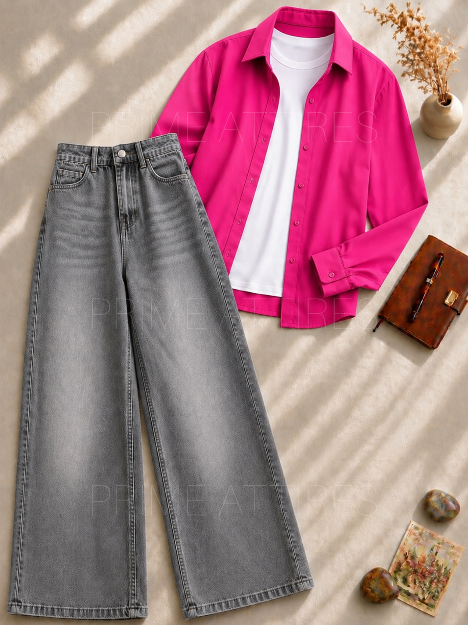 GREY WASHED WIDE LEG JEANS + WHITE INNER & HOT PINK BUTTON DOWN SHIRT