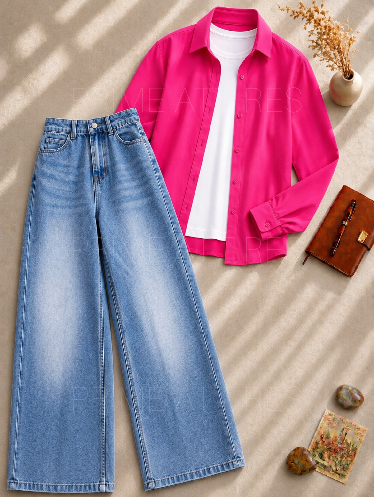 ICE BLUE WASHED WIDE LEG JEANS + WHITE INNER & HOT PINK BUTTON DOWN SHIRT