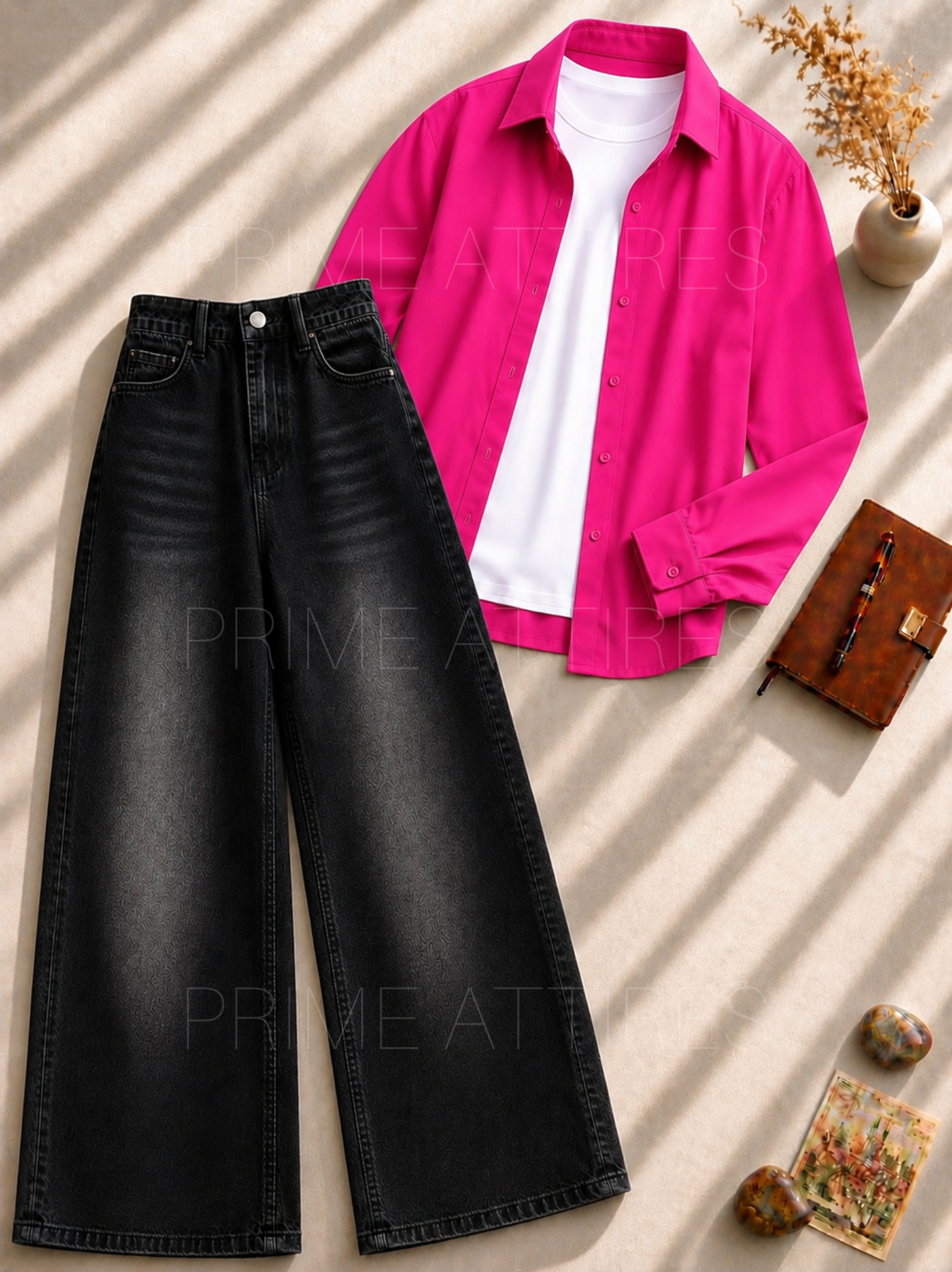 BLACK WASHED WIDE LEG JEANS + WHITE INNER & HOT PINK BUTTON DOWN SHIRT