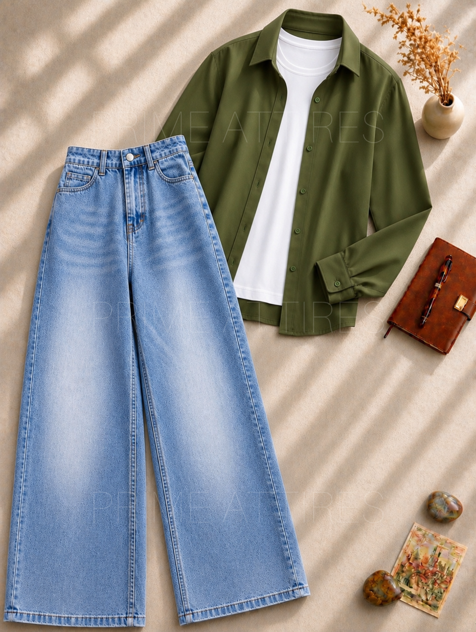 ICE BLUE WASHED WIDE LEG JEANS + WHITE INNER & GREEN BUTTON DOWN SHIRT