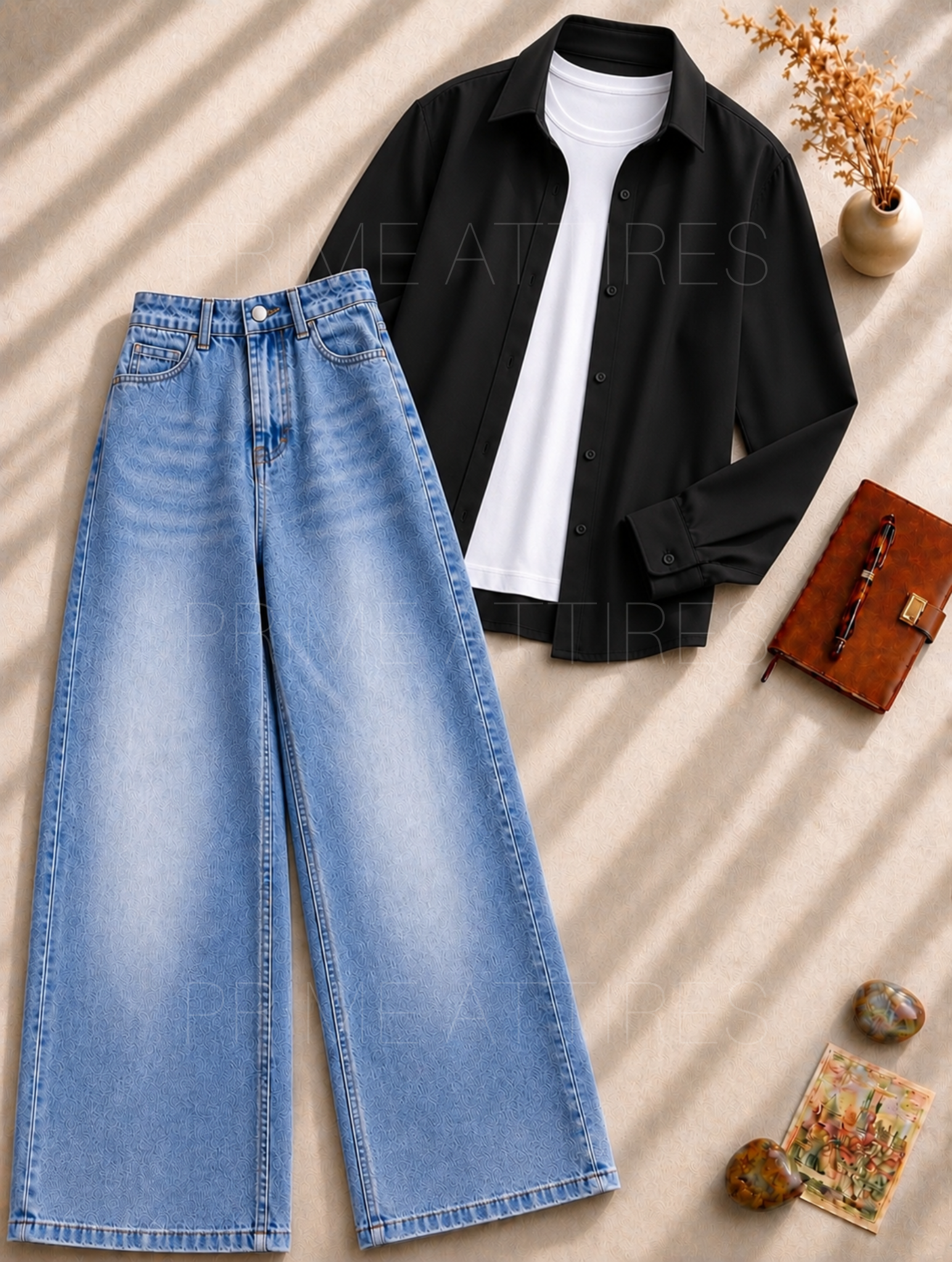 ICE BLUE WASHED WIDE LEG JEANS + WHITE INNER & BLACK BUTTON DOWN SHIRT