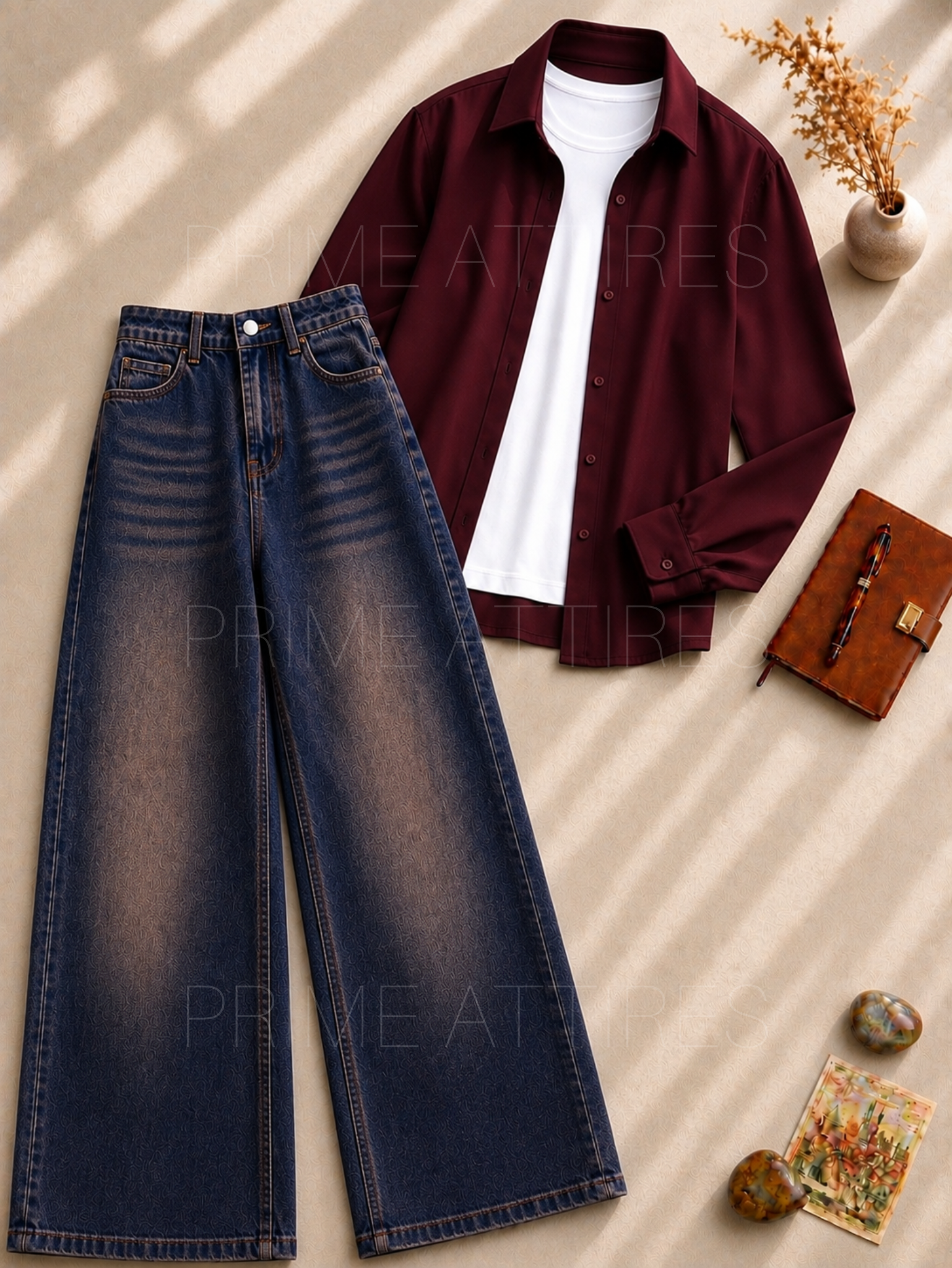 BROWN WASHED WIDE LEG JEANS + WHITE INNER & MAROON BUTTON DOWN SHIRT