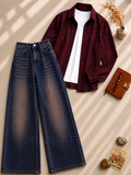BROWN WASHED WIDE LEG JEANS + WHITE INNER & MAROON BUTTON DOWN SHIRT