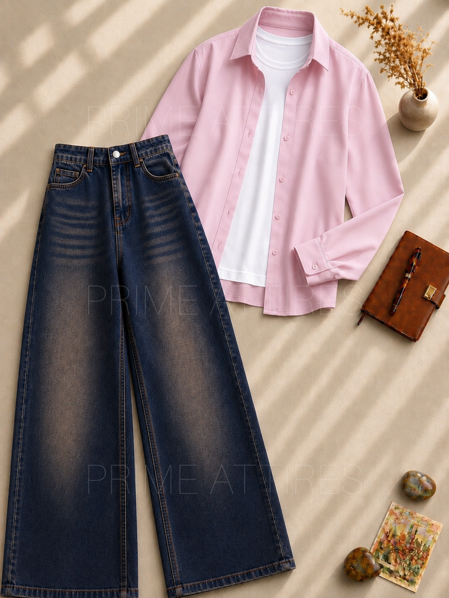 BROWN WASHED WIDE LEG JEANS + WHITE INNER & PINK BUTTON DOWN SHIRT
