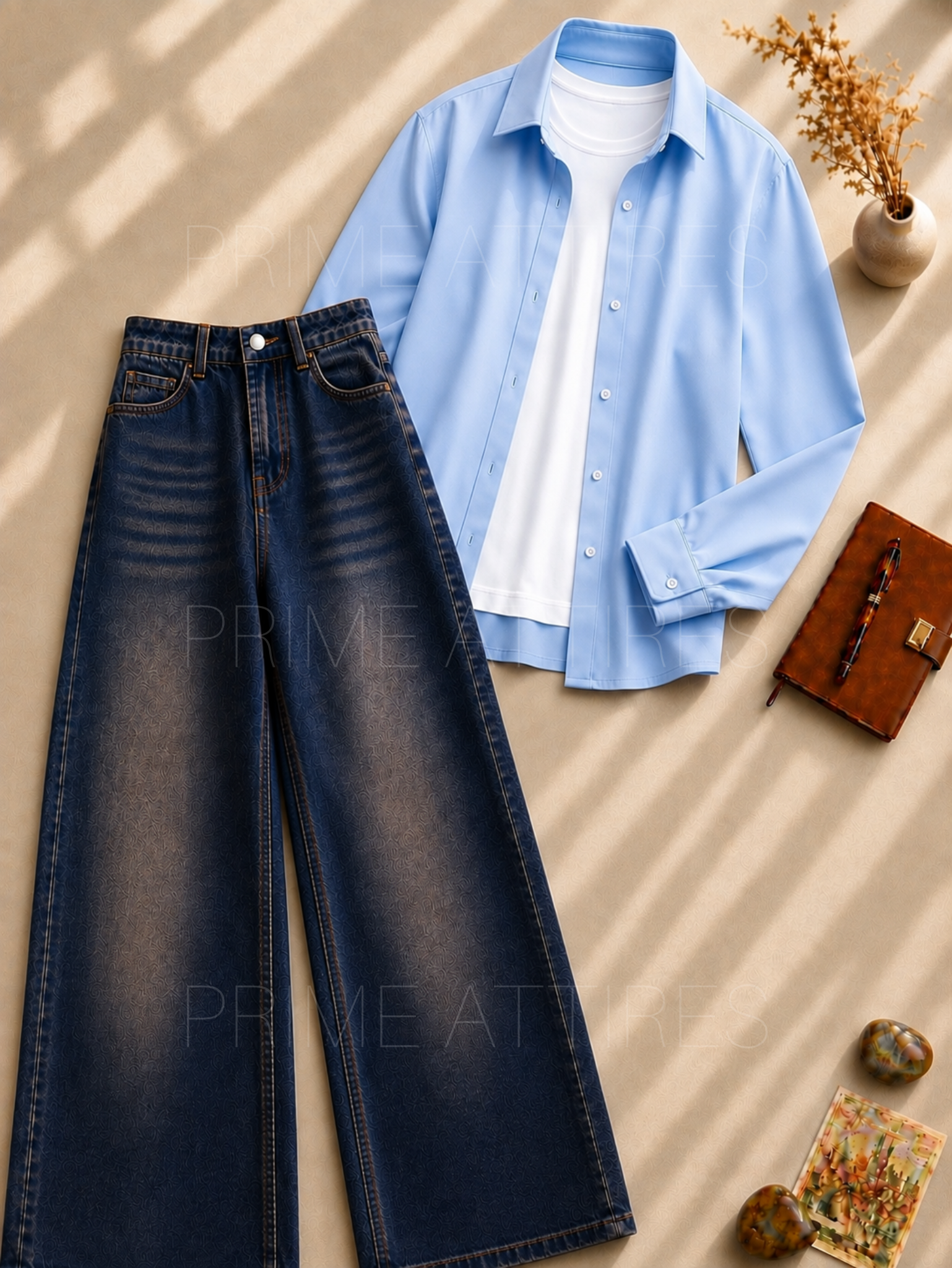 BROWN WASHED WIDE LEG JEANS + WHITE INNER & SKY BLUE BUTTON DOWN SHIRT