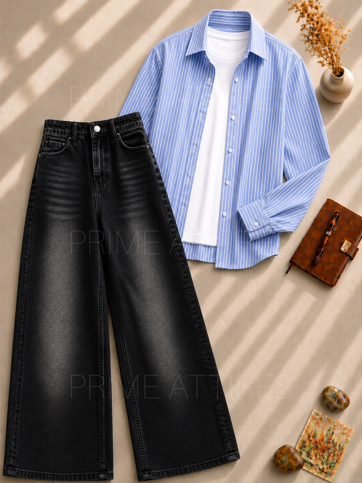 BLACK WASHED WIDE LEG JEANS + WHITE INNER & BLUE LINING BUTTON DOWN SHIRT
