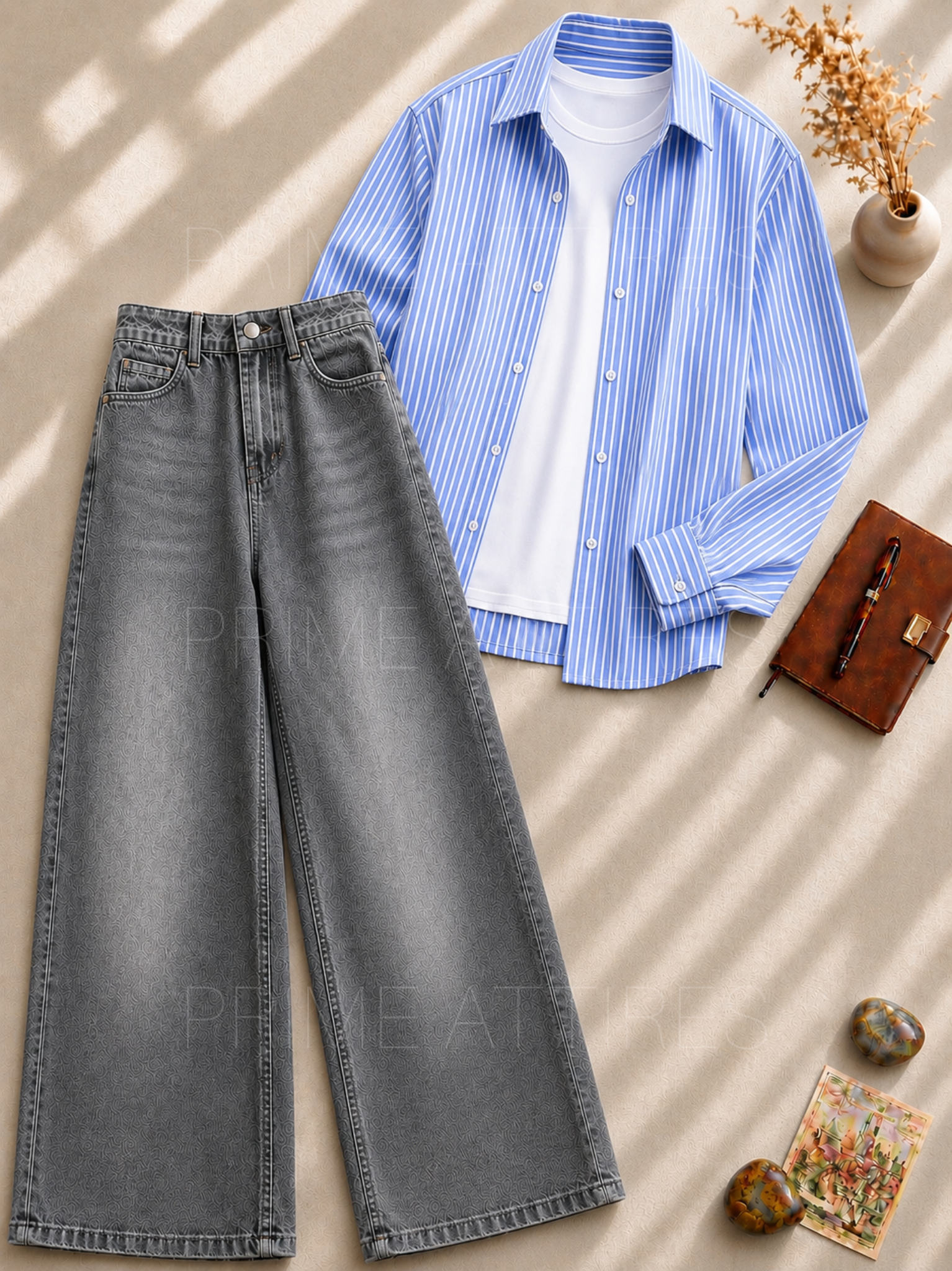 GREY WASHED WIDE LEG JEANS + WHITE INNER & BLUE LINING BUTTON DOWN SHIRT