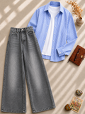 GREY WASHED WIDE LEG JEANS + WHITE INNER & BLUE LINING BUTTON DOWN SHIRT