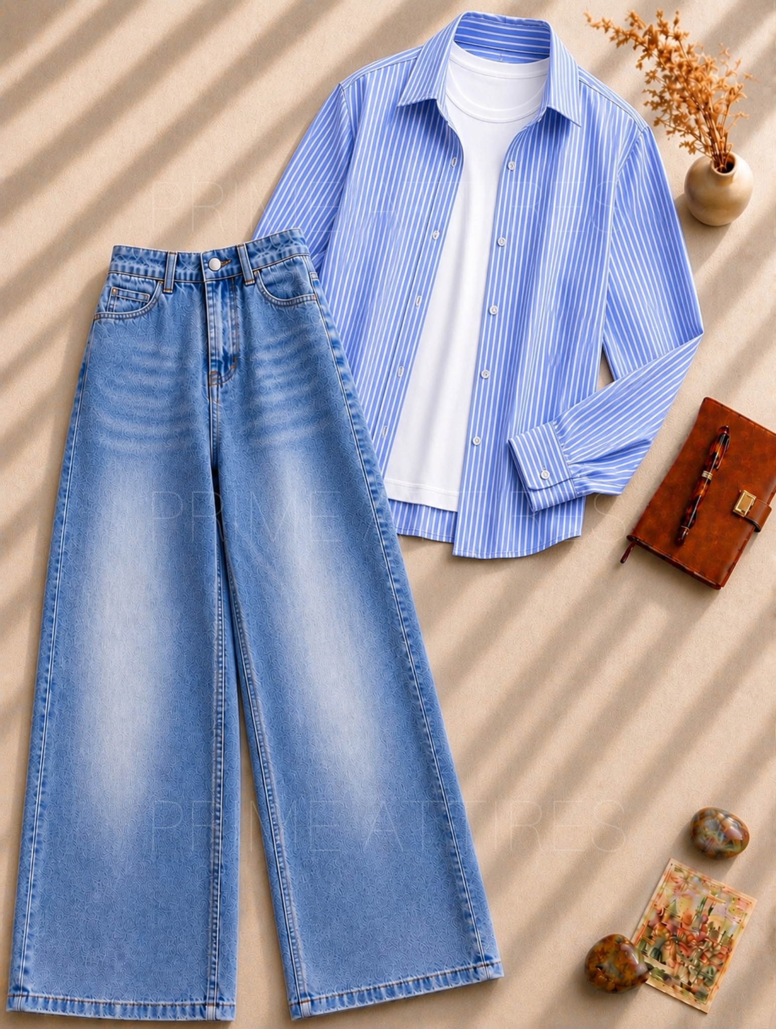 ICE BLUE WASHED WIDE LEG JEANS + WHITE INNER & BLUE LINING BUTTON DOWN SHIRT