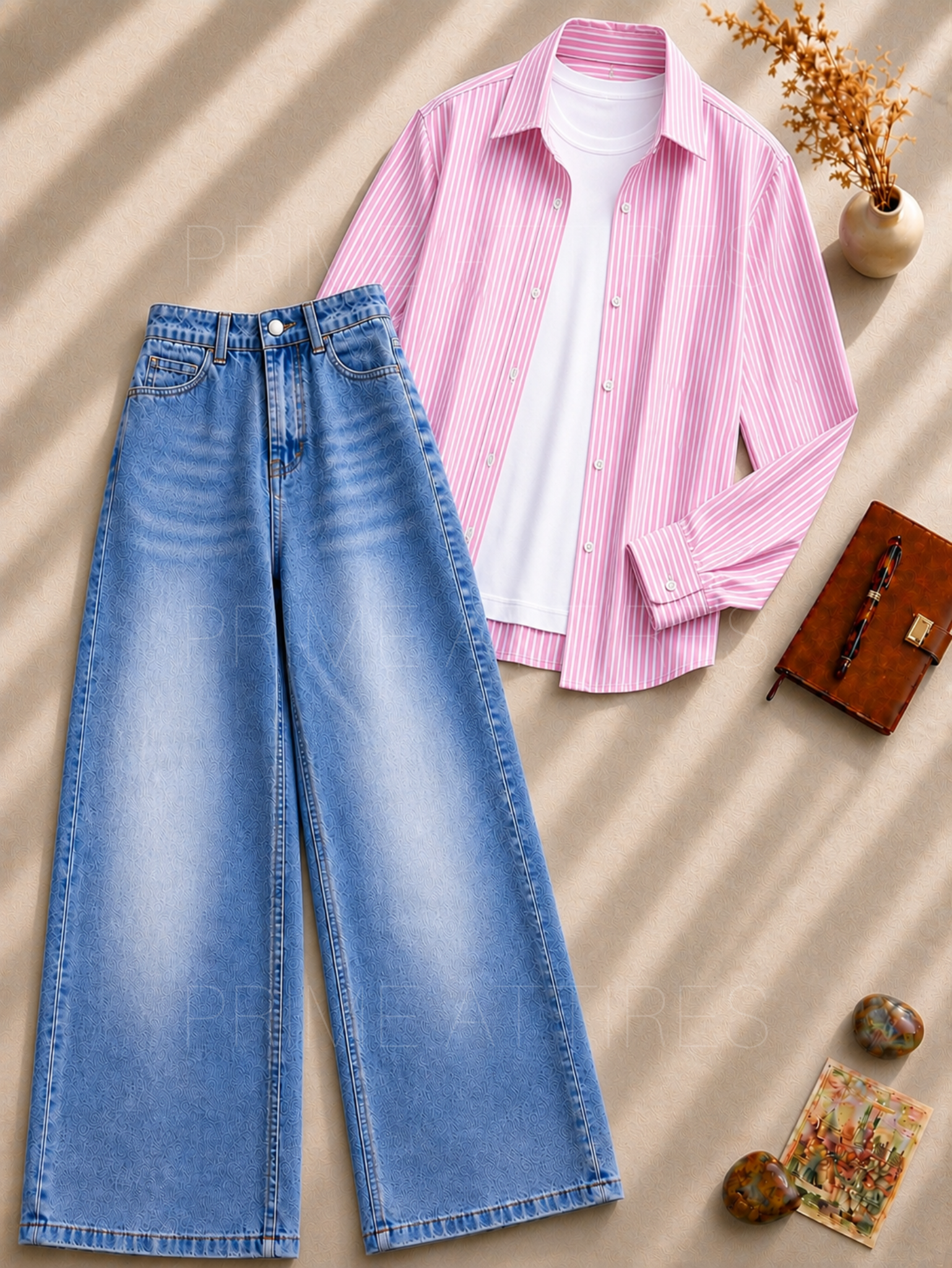 ICE BLUE WASHED WIDE LEG JEANS + WHITE INNER & PINK LINING BUTTON DOWN SHIRT