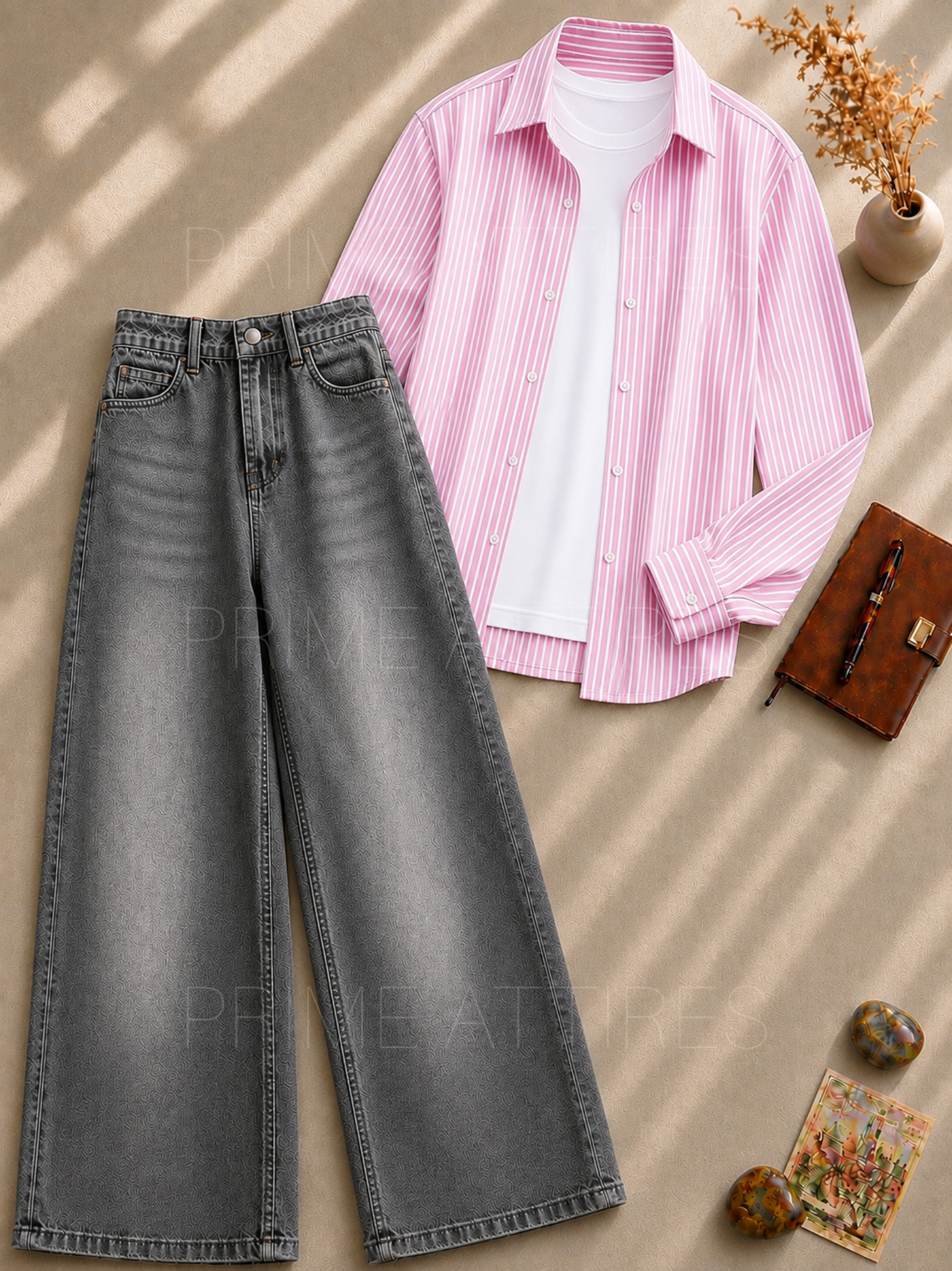 GREY WASHED WIDE LEG JEANS + WHITE INNER & PINK LINING BUTTON DOWN SHIRT