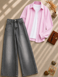 GREY WASHED WIDE LEG JEANS + WHITE INNER & PINK LINING BUTTON DOWN SHIRT