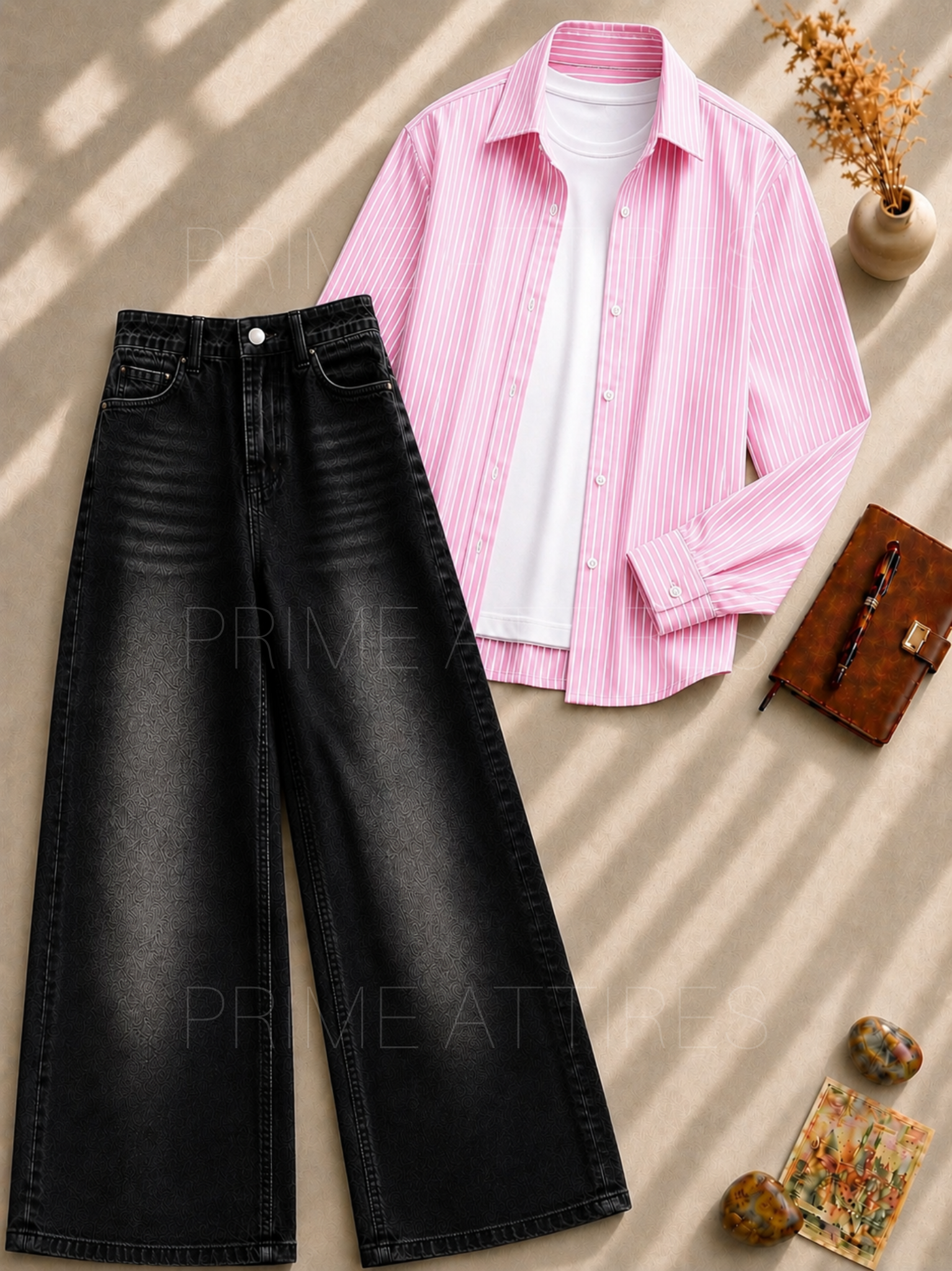 BLACK WASHED WIDE LEG JEANS + WHITE INNER & PINK LINING BUTTON DOWN SHIRT