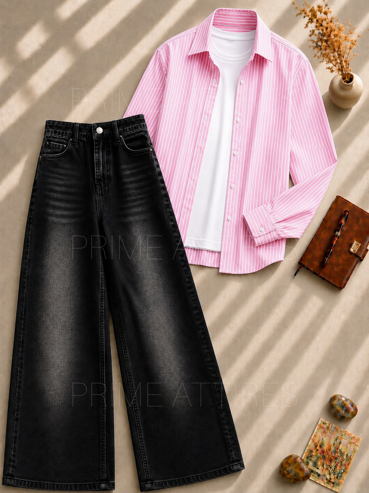 BLACK WASHED WIDE LEG JEANS + WHITE INNER & PINK LINING BUTTON DOWN SHIRT