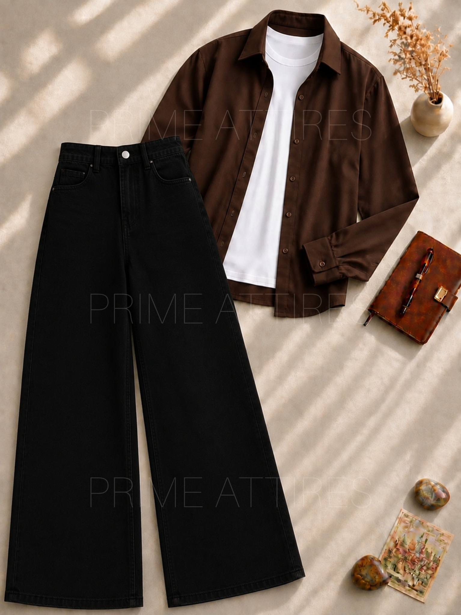 BLACK WIDE LEG JEANS + WHITE INNER & BROWN BUTTON DOWN SHIRT