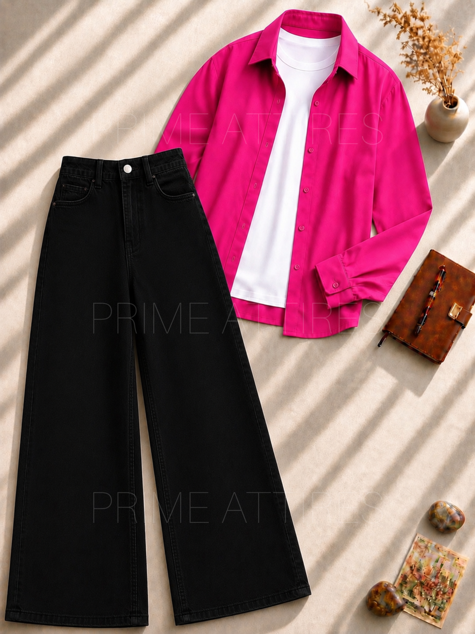 BLACK WIDE LEG JEANS + WHITE INNER & HOT PINK BUTTON DOWN SHIRT