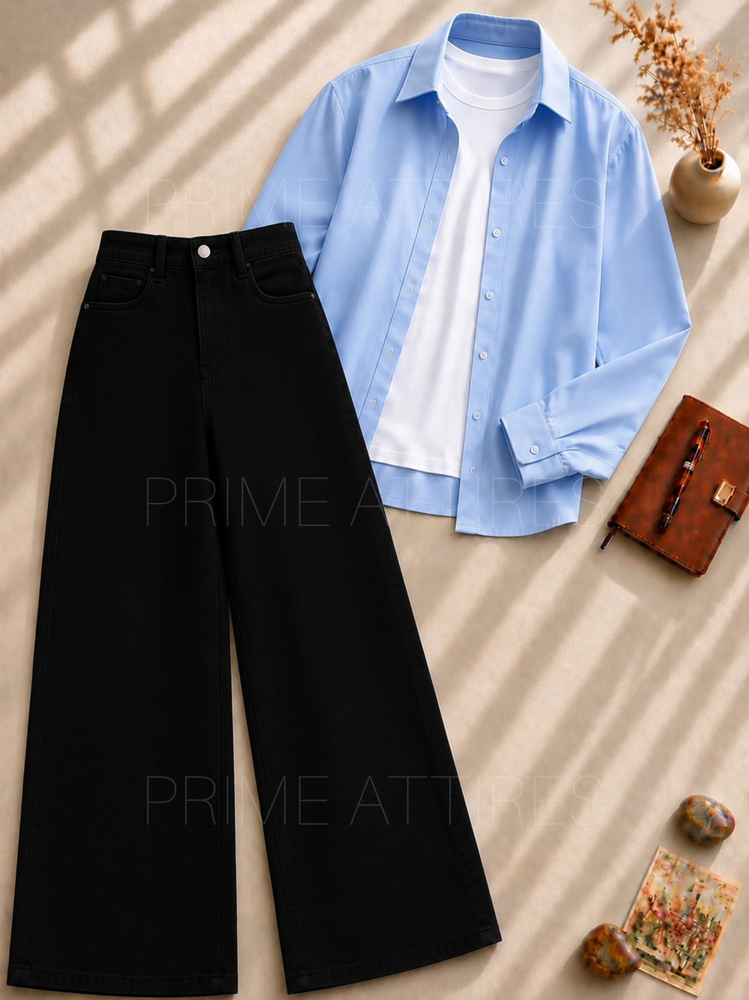 BLACK WIDE LEG JEANS + WHITE INNER & SKY BLUE BUTTON DOWN SHIRT