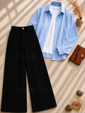 BLACK WIDE LEG JEANS + WHITE INNER & SKY BLUE BUTTON DOWN SHIRT