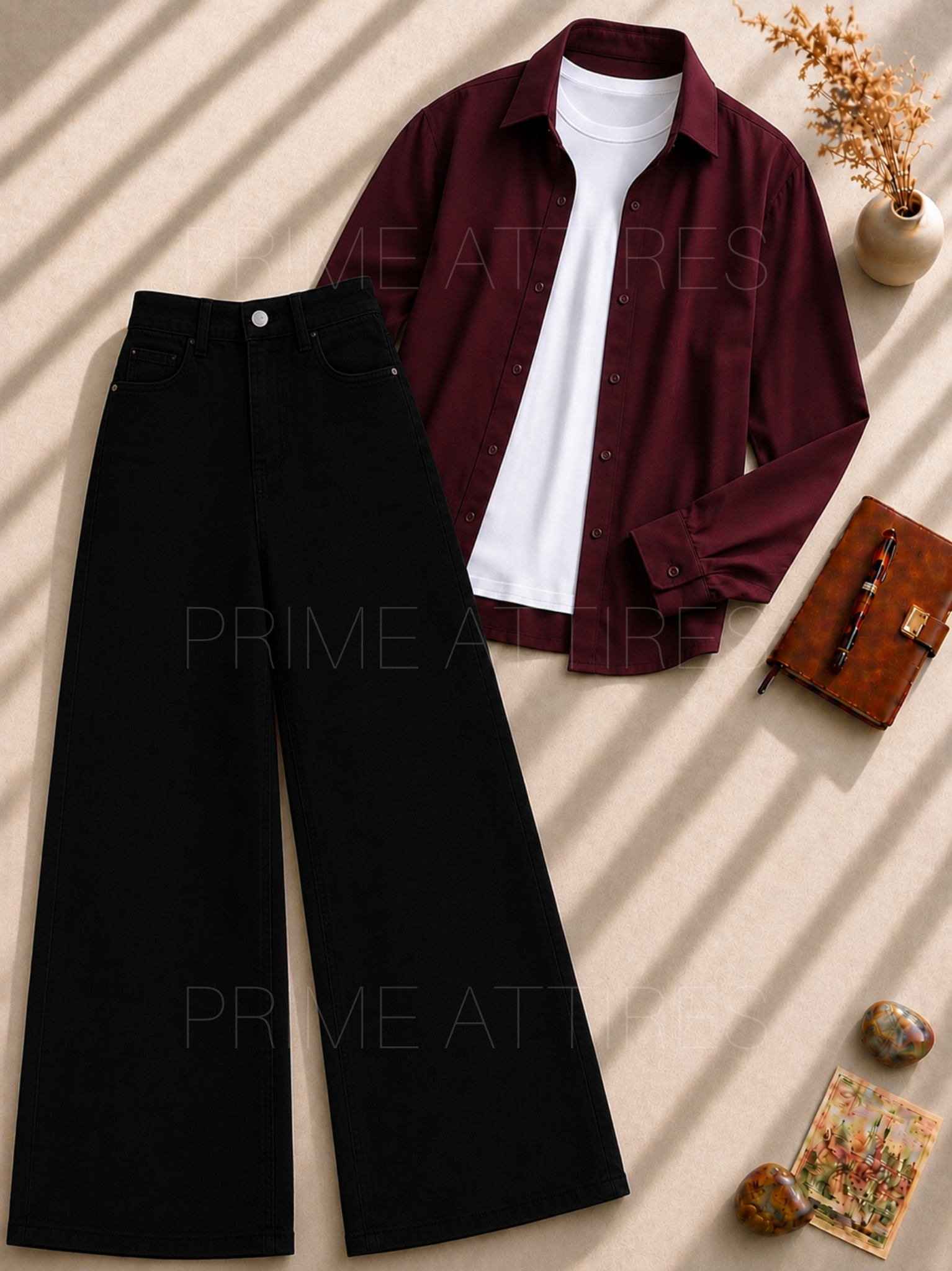 BLACK WIDE LEG JEANS + WHITE INNER & MAROON BUTTON DOWN SHIRT