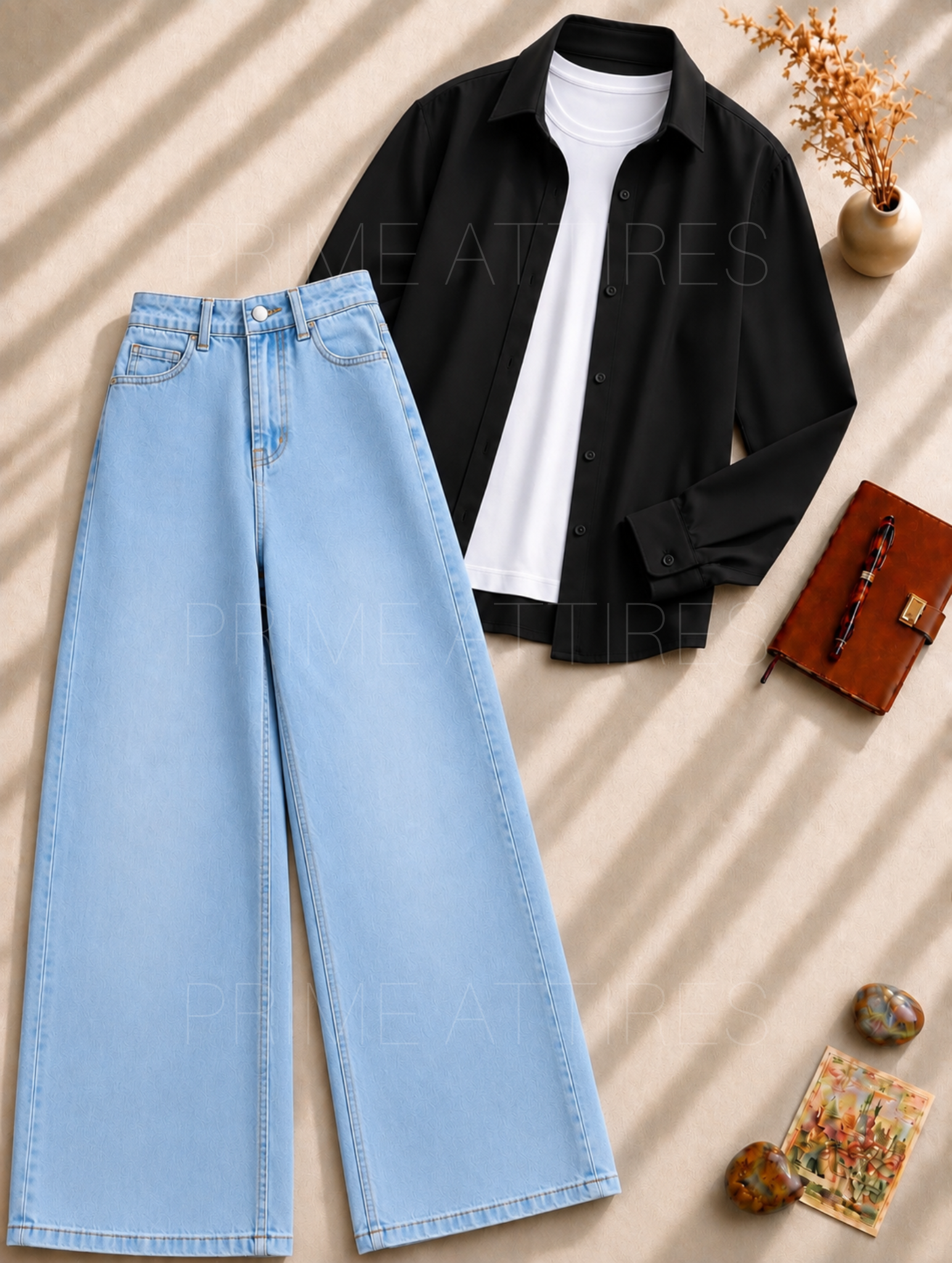 ICE BLUE WIDE LEG JEANS + WHITE INNER & BLACK BUTTON DOWN SHIRT