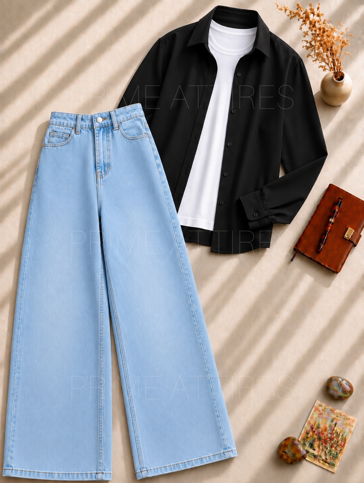ICE BLUE WIDE LEG JEANS + WHITE INNER & BLACK BUTTON DOWN SHIRT