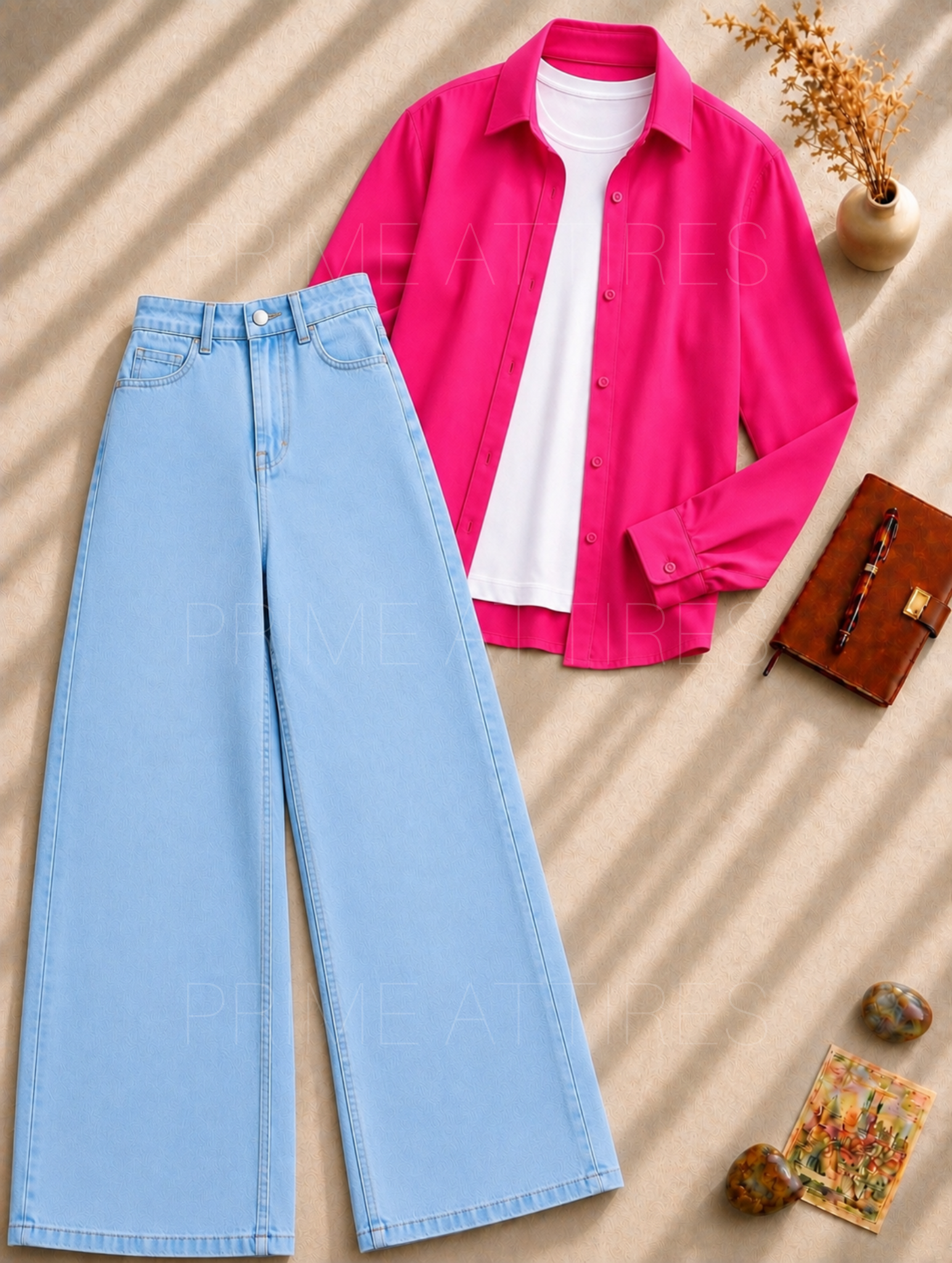 ICE BLUE WIDE LEG JEANS + WHITE INNER & HOT PINK BUTTON DOWN SHIRT