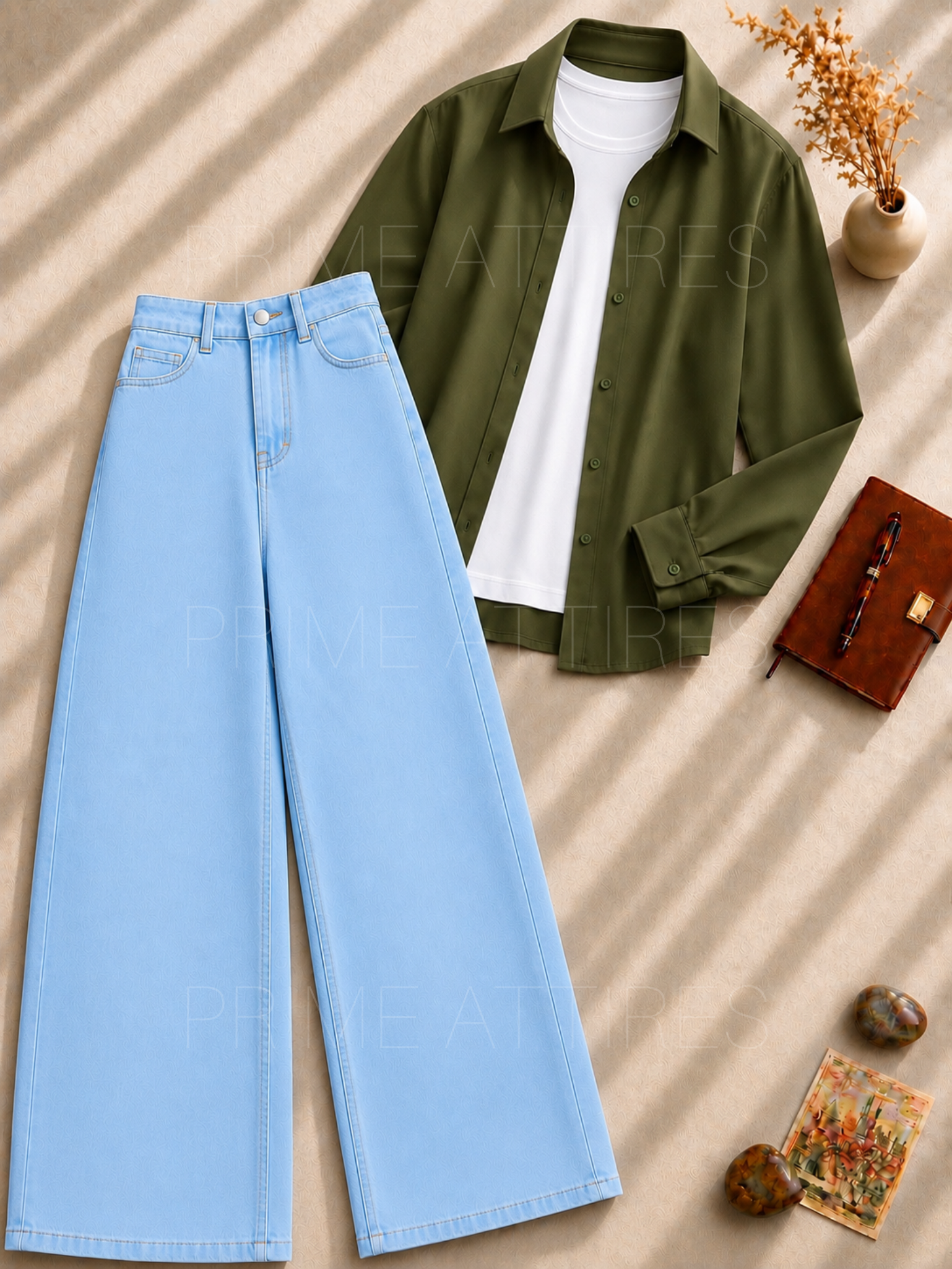 ICE BLUE WIDE LEG JEANS + WHITE INNER & GREEN BUTTON DOWN SHIRT