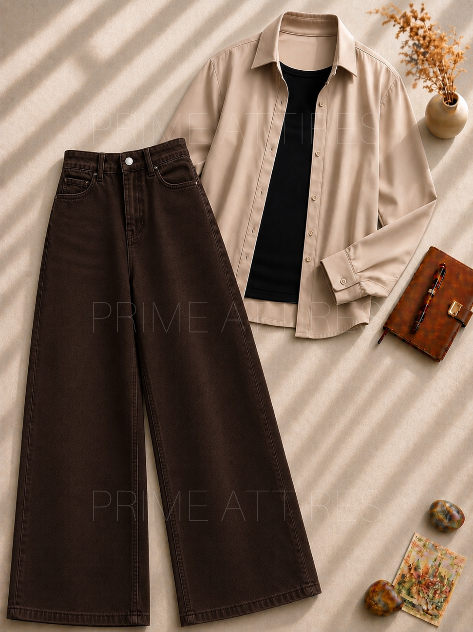 BROWN WIDE LEG JEANS + BLACK INNER & BEIGE BUTTON DOWN SHIRT
