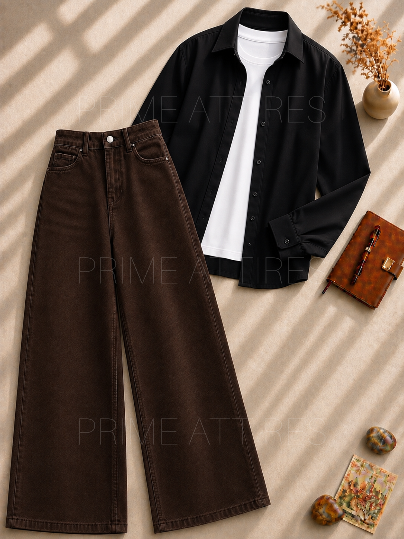 BROWN WIDE LEG JEANS + WHITE INNER & BLACK BUTTON DOWN SHIRT
