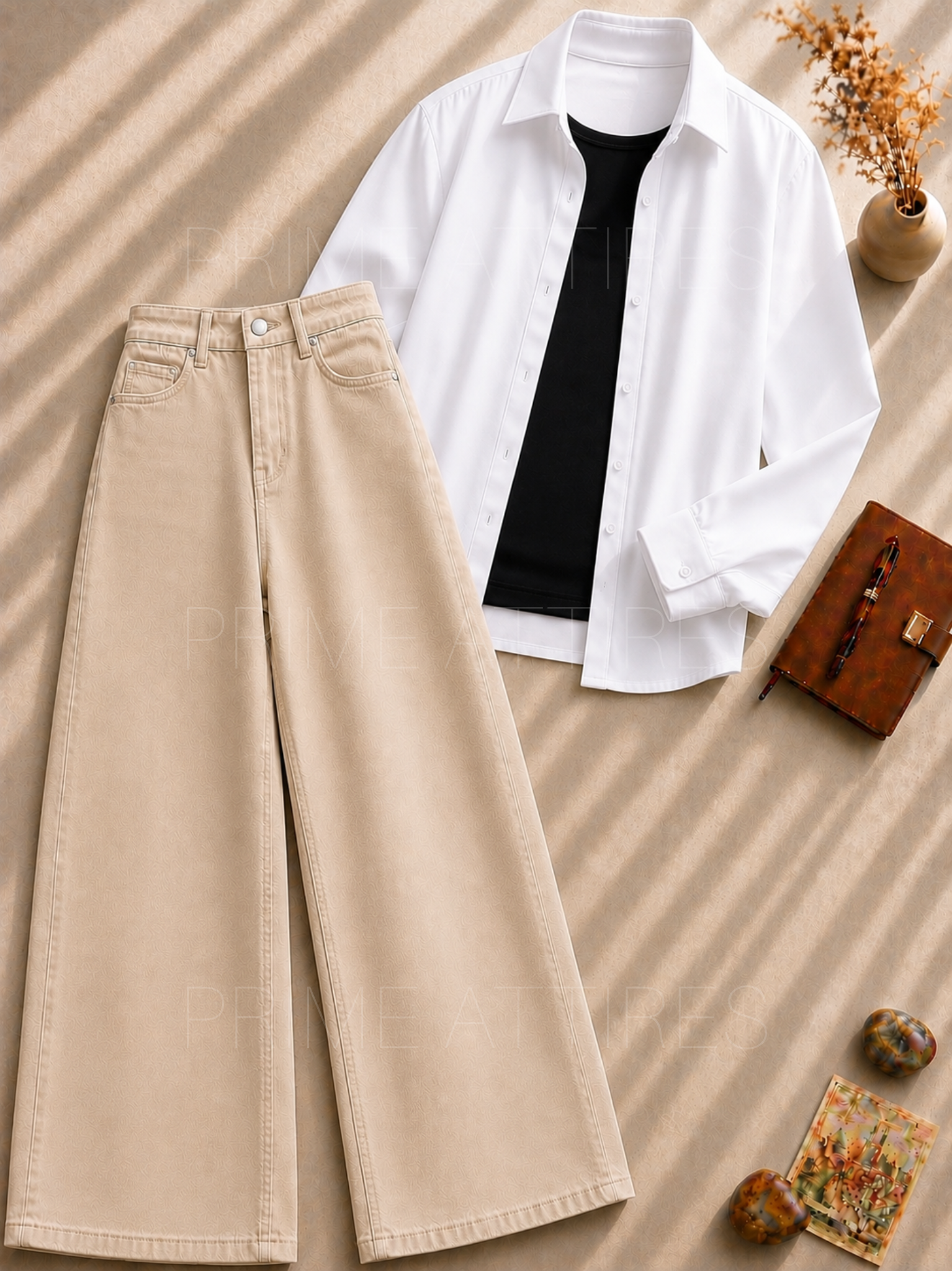 BROWN WIDE LEG JEANS + BLACK INNER & WHITE BUTTON DOWN SHIRT