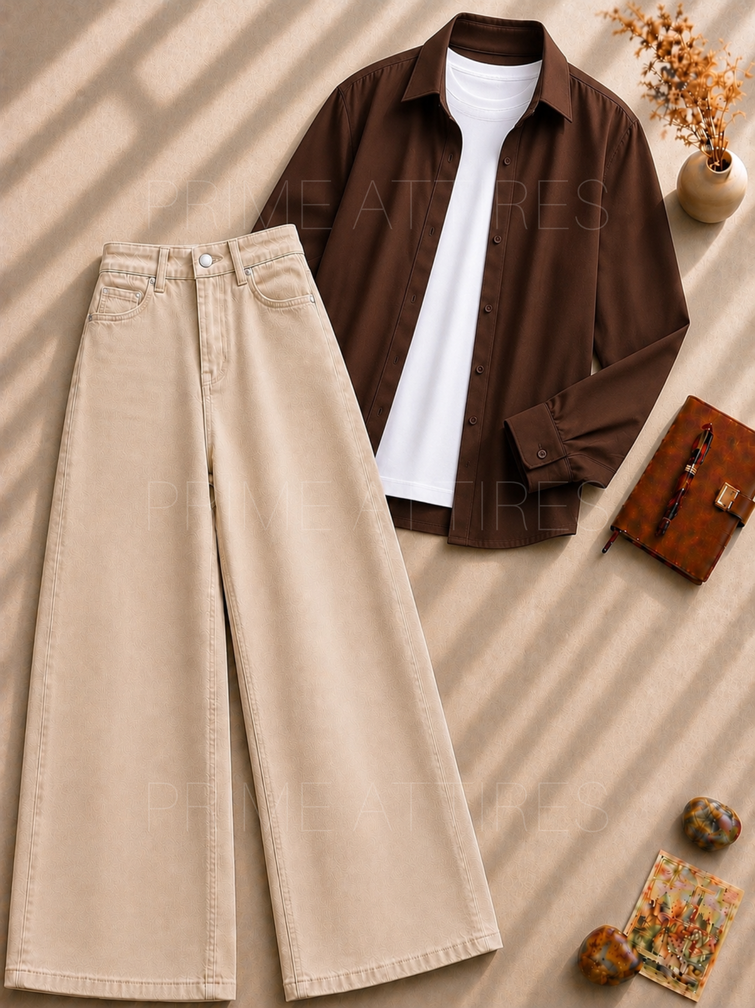 BEIGE WIDE LEG JEANS + WHITE INNER & BROWN BUTTON DOWN SHIRT
