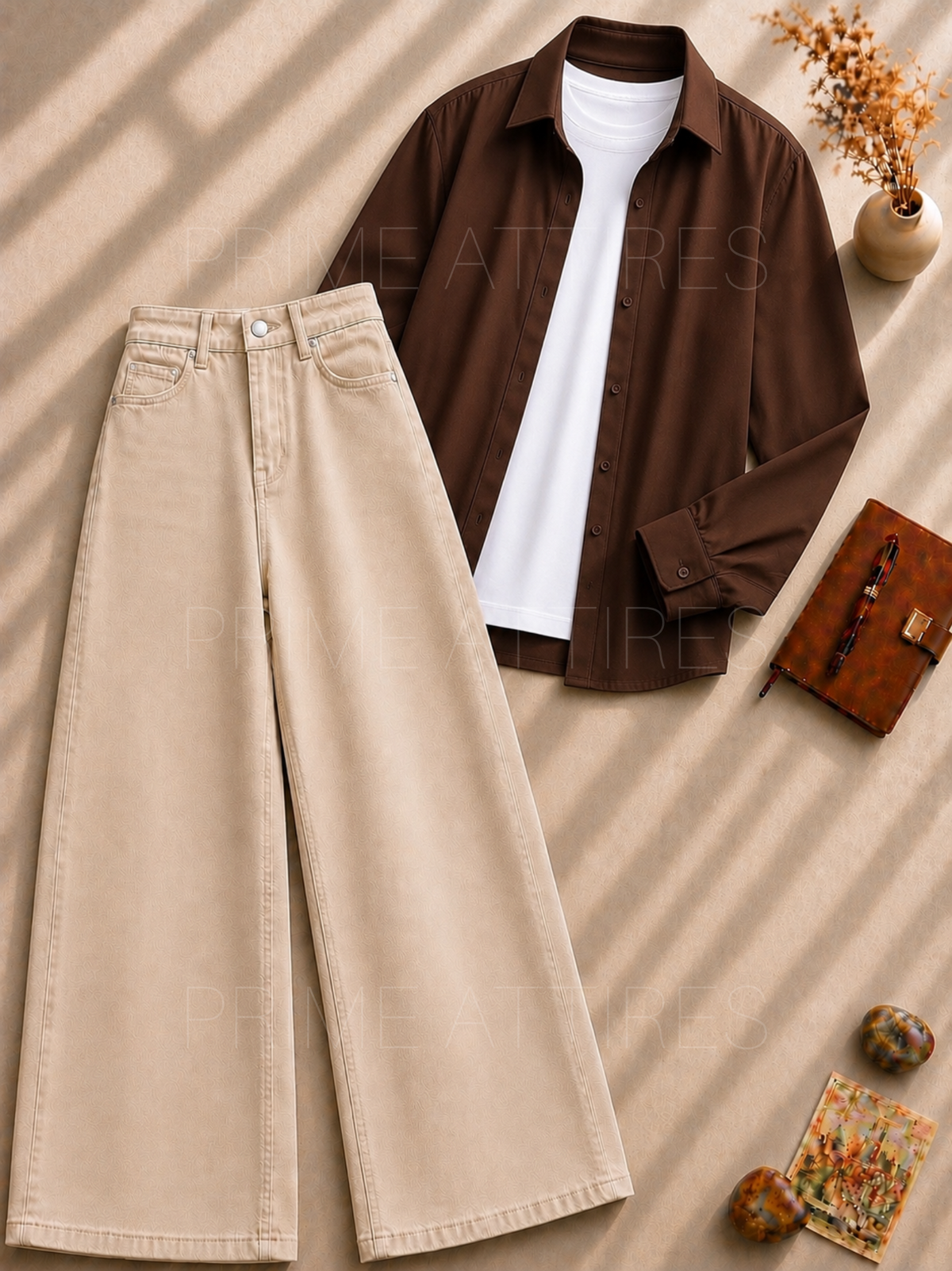 BEIGE WIDE LEG JEANS + WHITE INNER & BROWN BUTTON DOWN SHIRT