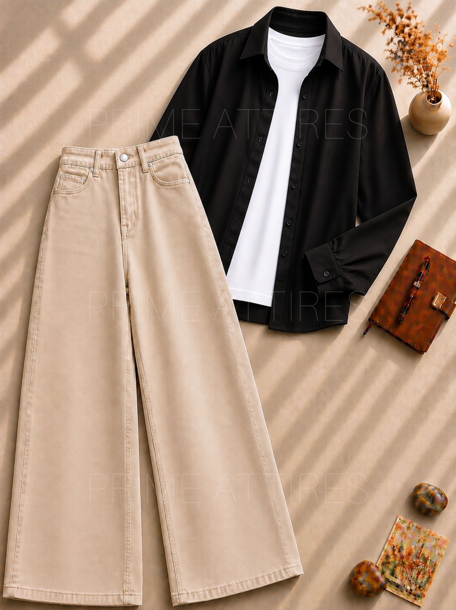 BEIGE WIDE LEG JEANS + WHITE INNER & BLACK BUTTON DOWN SHIRT