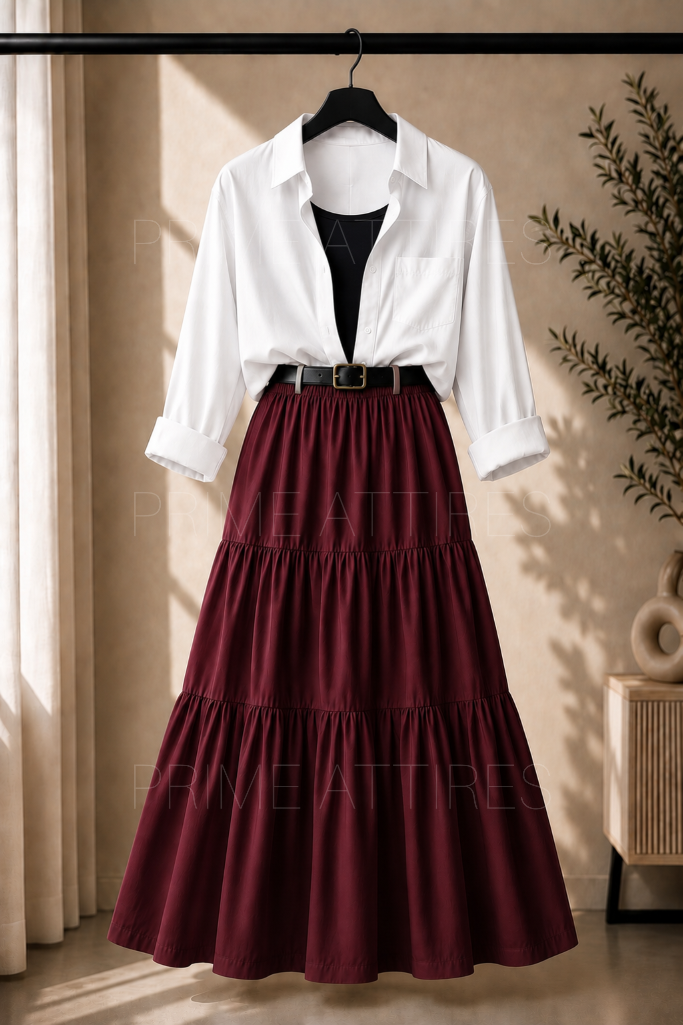 WHITE BUTTON DOWN SHIRT, BLACK INNER & MAROON TIERED SKIRT