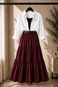 WHITE BUTTON DOWN SHIRT, BLACK INNER & MAROON TIERED SKIRT