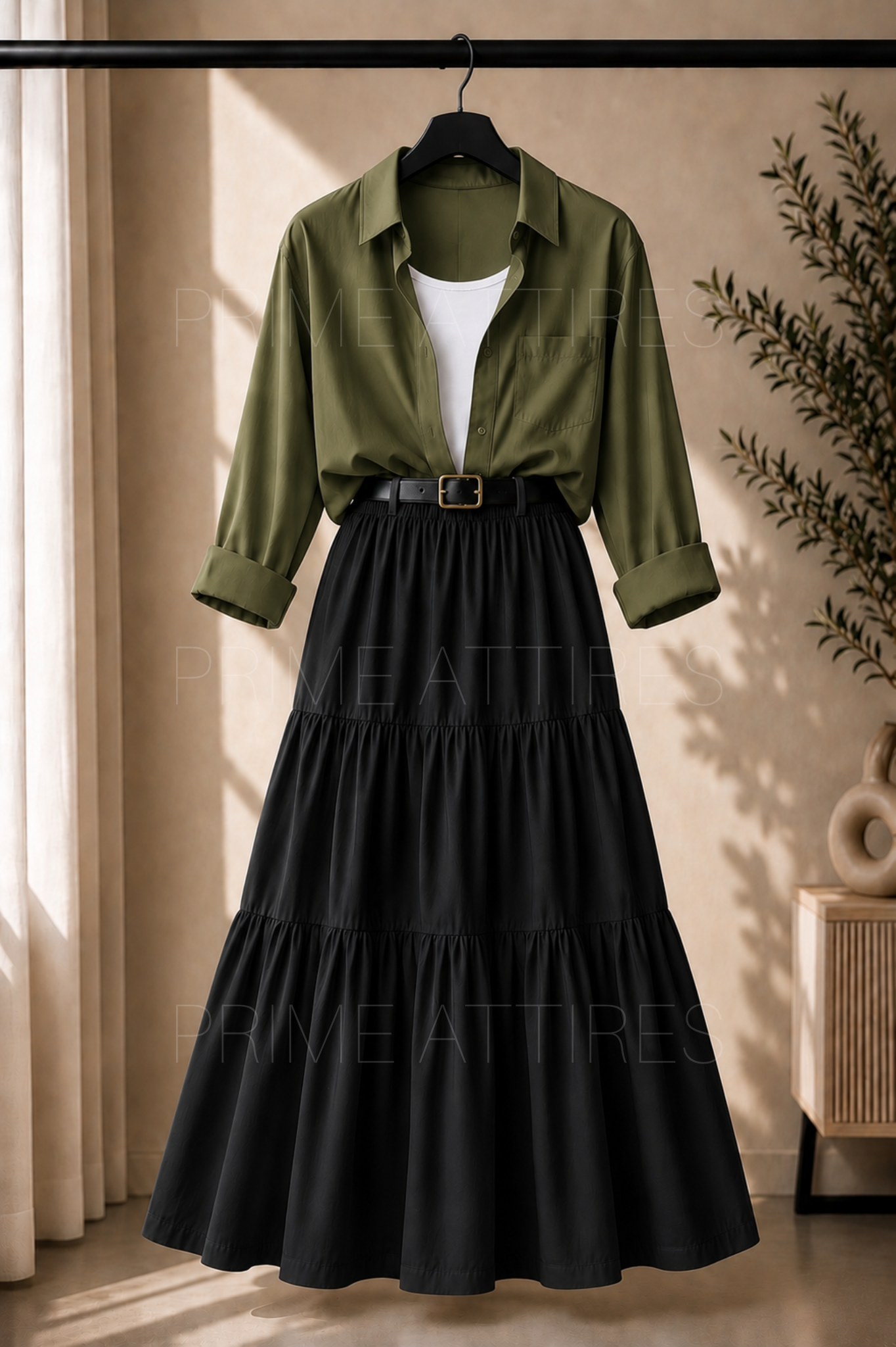 OLIVE GREEN BUTTON DOWN SHIRT, WHITE INNER & BLACK TIERED SKIRT