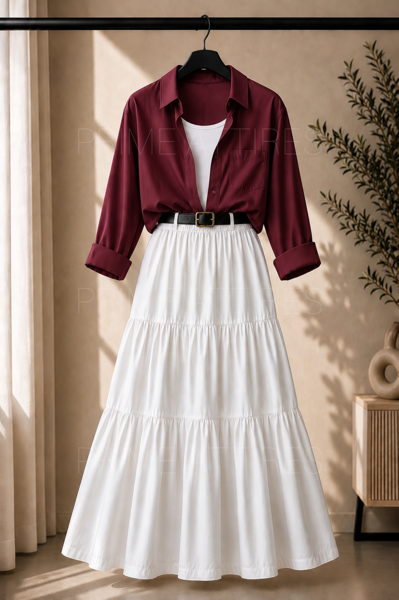 MAROON BUTTON DOWN SHIRT, WHITE INNER & WHITE TIERED SKIRT