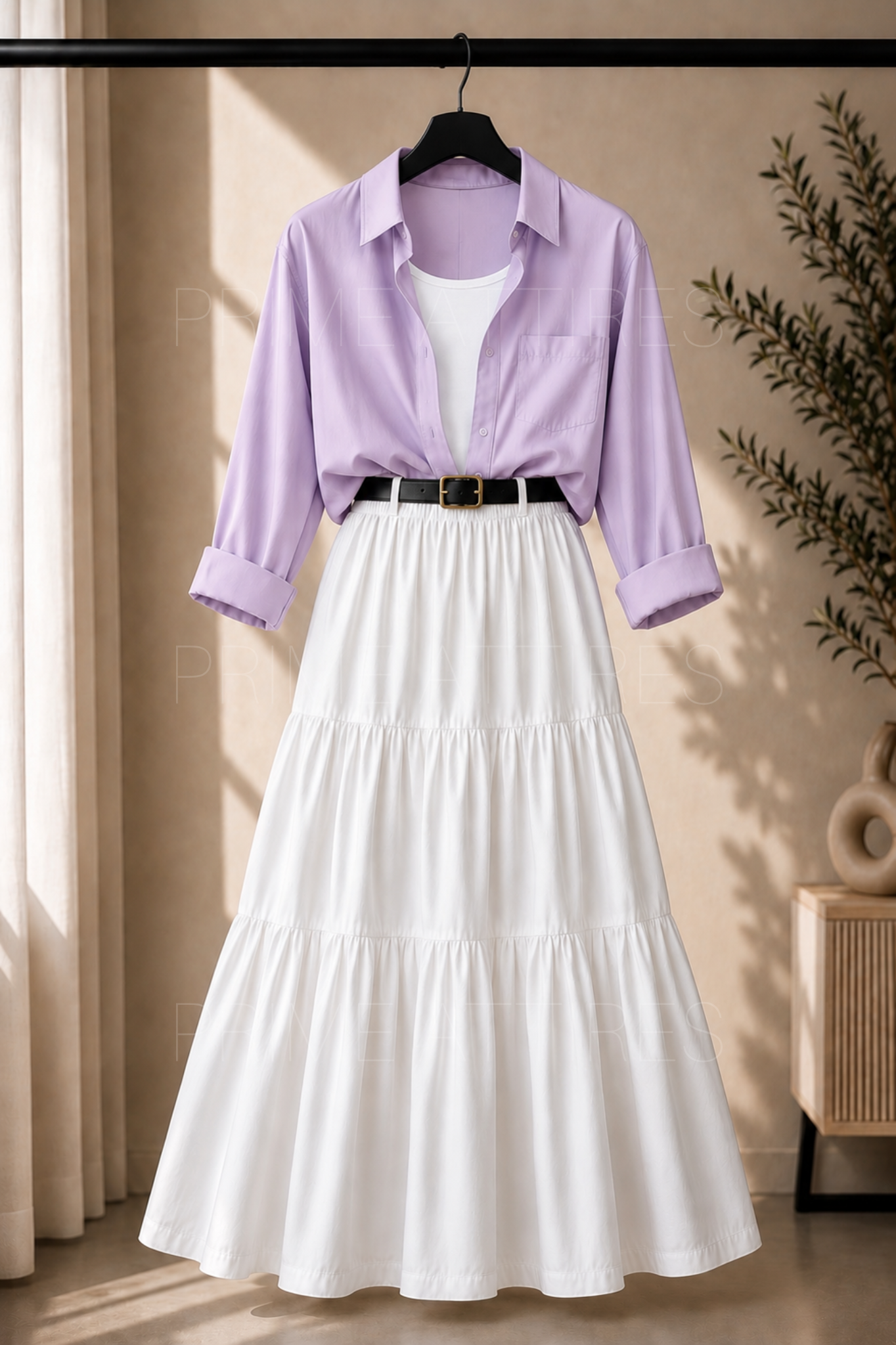 LILAC BUTTON DOWN SHIRT, WHITE INNER & WHITE TIERED SKIRT