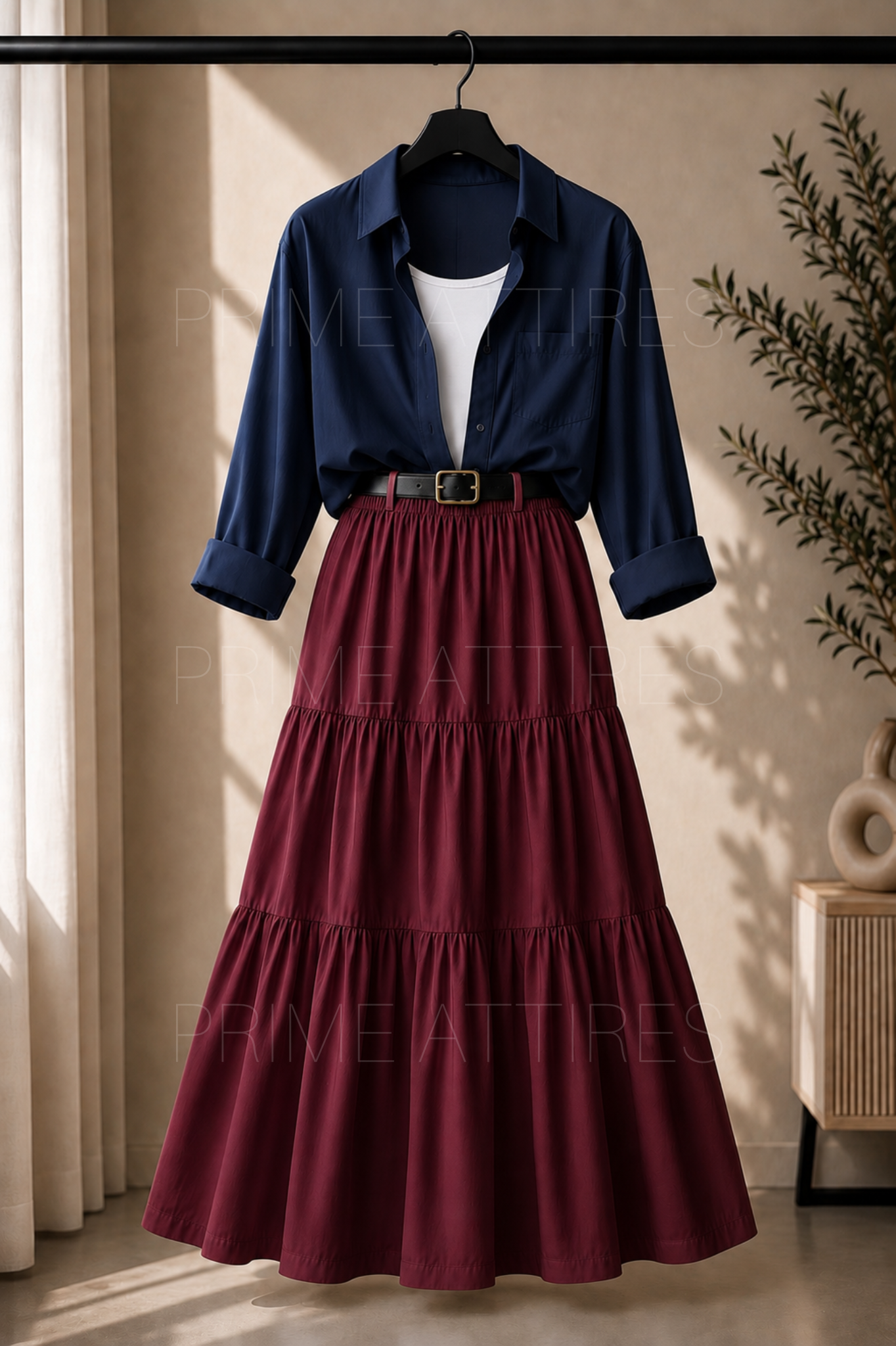 NAVY BLUE BUTTON DOWN SHIRT, WHITE INNER & MAROON TIERED SKIRT