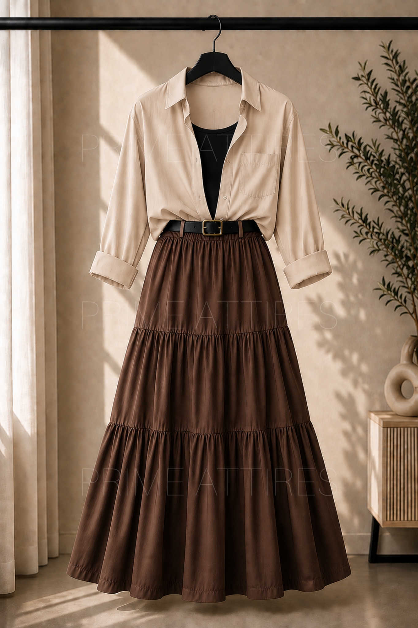 BEIGE BUTTON DOWN SHIRT, BLACK INNER & BROWN TIERED SKIRT