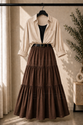 BEIGE BUTTON DOWN SHIRT, BLACK INNER & BROWN TIERED SKIRT