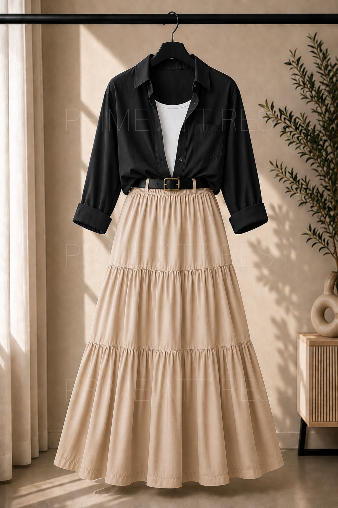 BLACK BUTTON DOWN SHIRT, WHITE INNER & BEIGE TIERED SKIRT