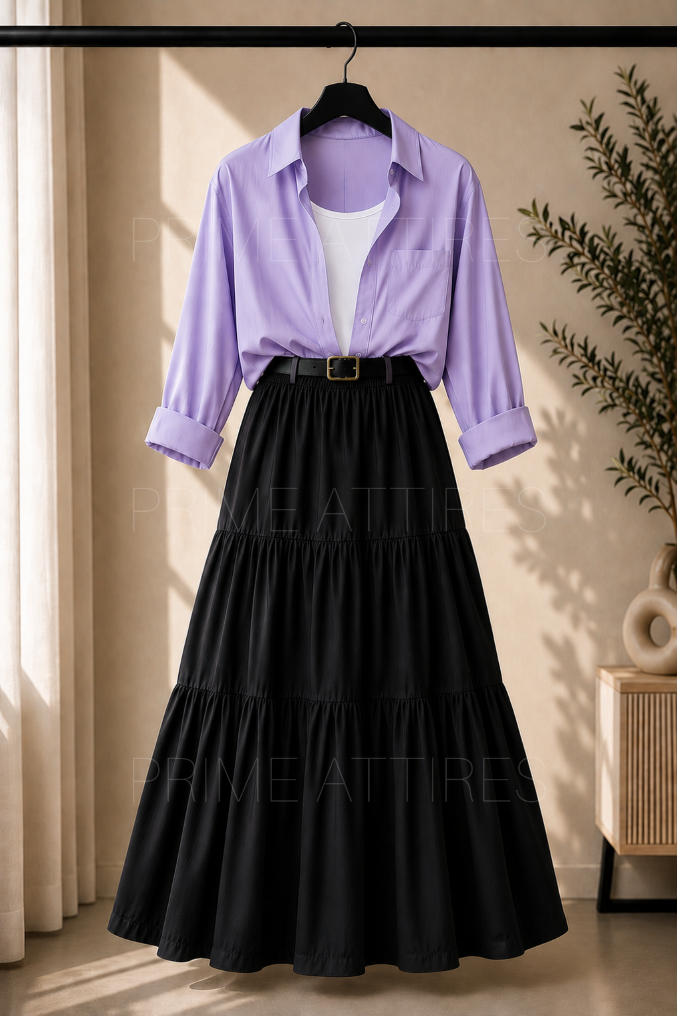 LILAC BUTTON DOWN SHIRT, WHITE INNER & BLACK TIERED SKIRT
