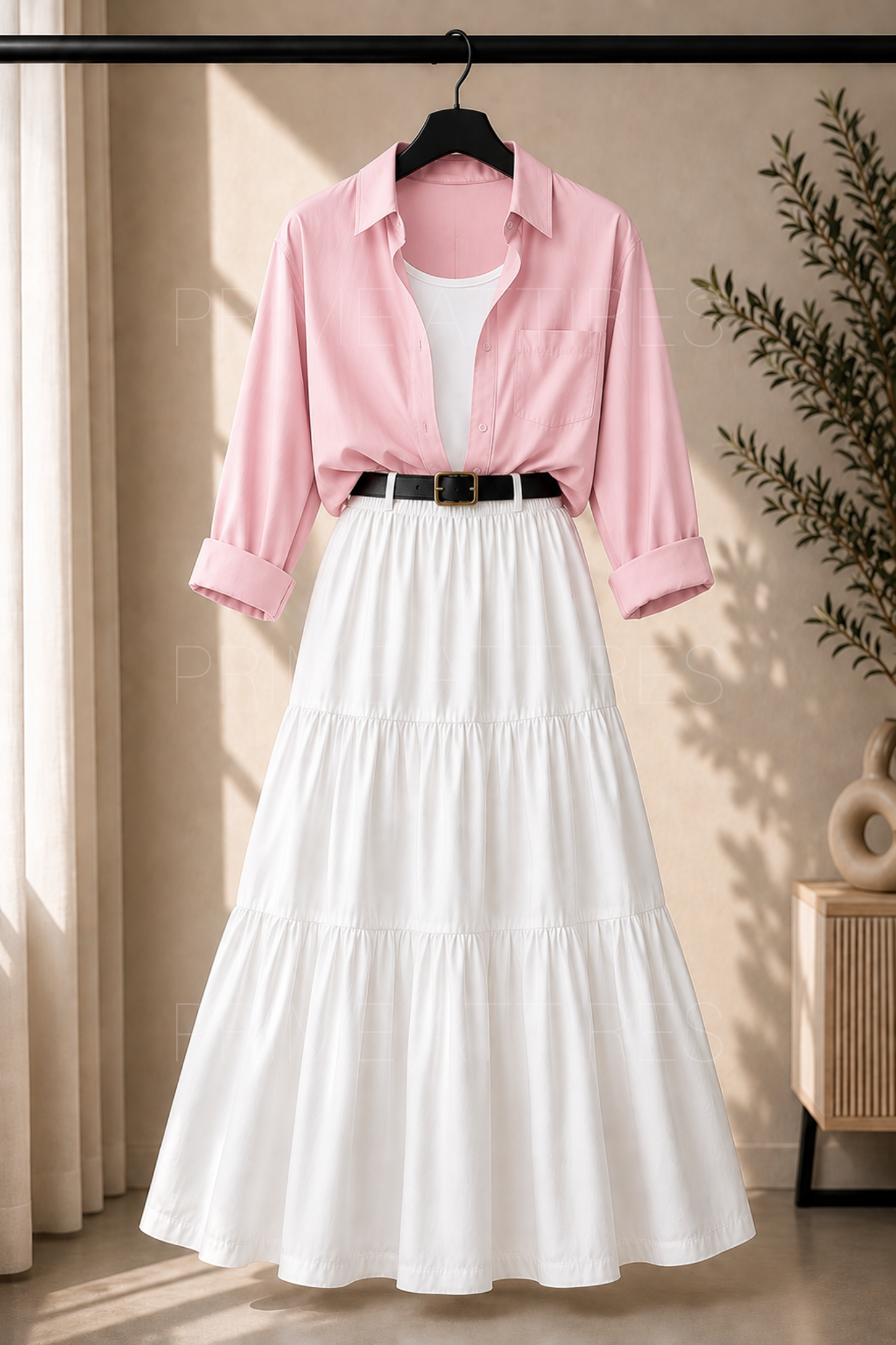 PINK BUTTON DOWN SHIRT, WHITE INNER & WHITE TIERED SKIRT