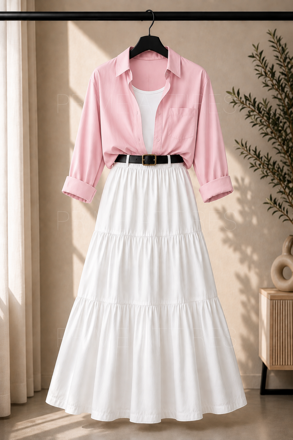 PINK BUTTON DOWN SHIRT, WHITE INNER & WHITE TIERED SKIRT