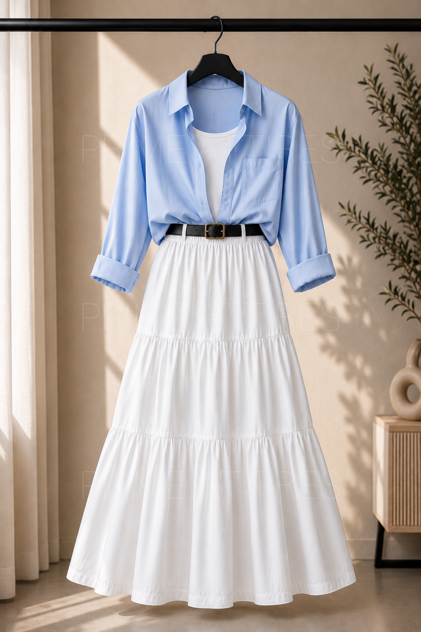 SKY BLUE BUTTON DOWN SHIRT, WHITE INNER & WHITE TIERED SKIRT