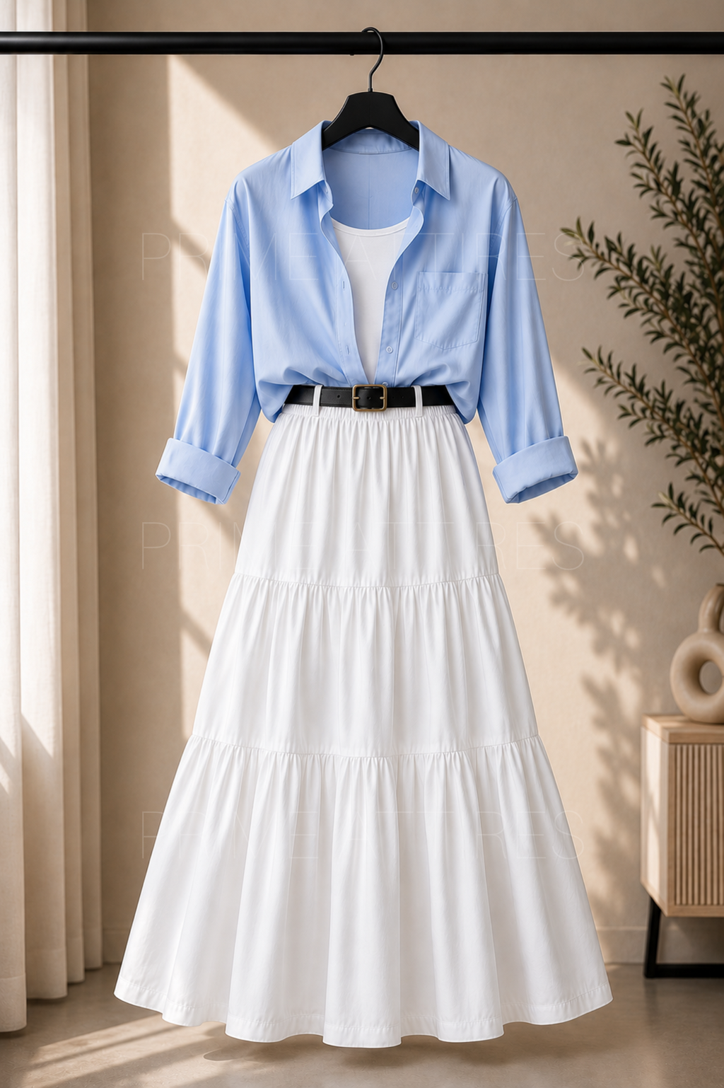 SKY BLUE BUTTON DOWN SHIRT, WHITE INNER & WHITE TIERED SKIRT