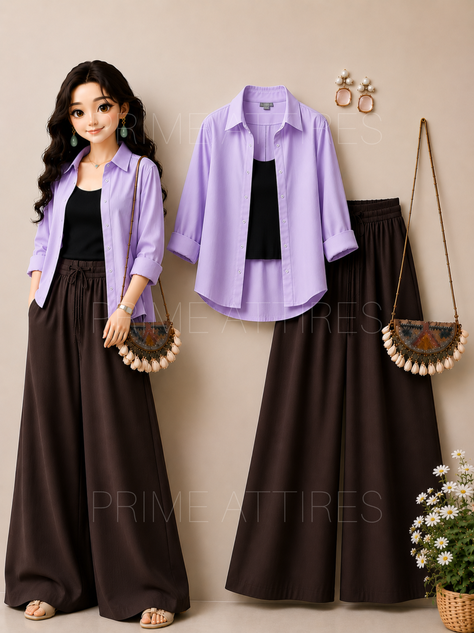 LILAC BUTTON DOWN SHIRT + BLACK INNER & BROWN FLAPPER TROUSER