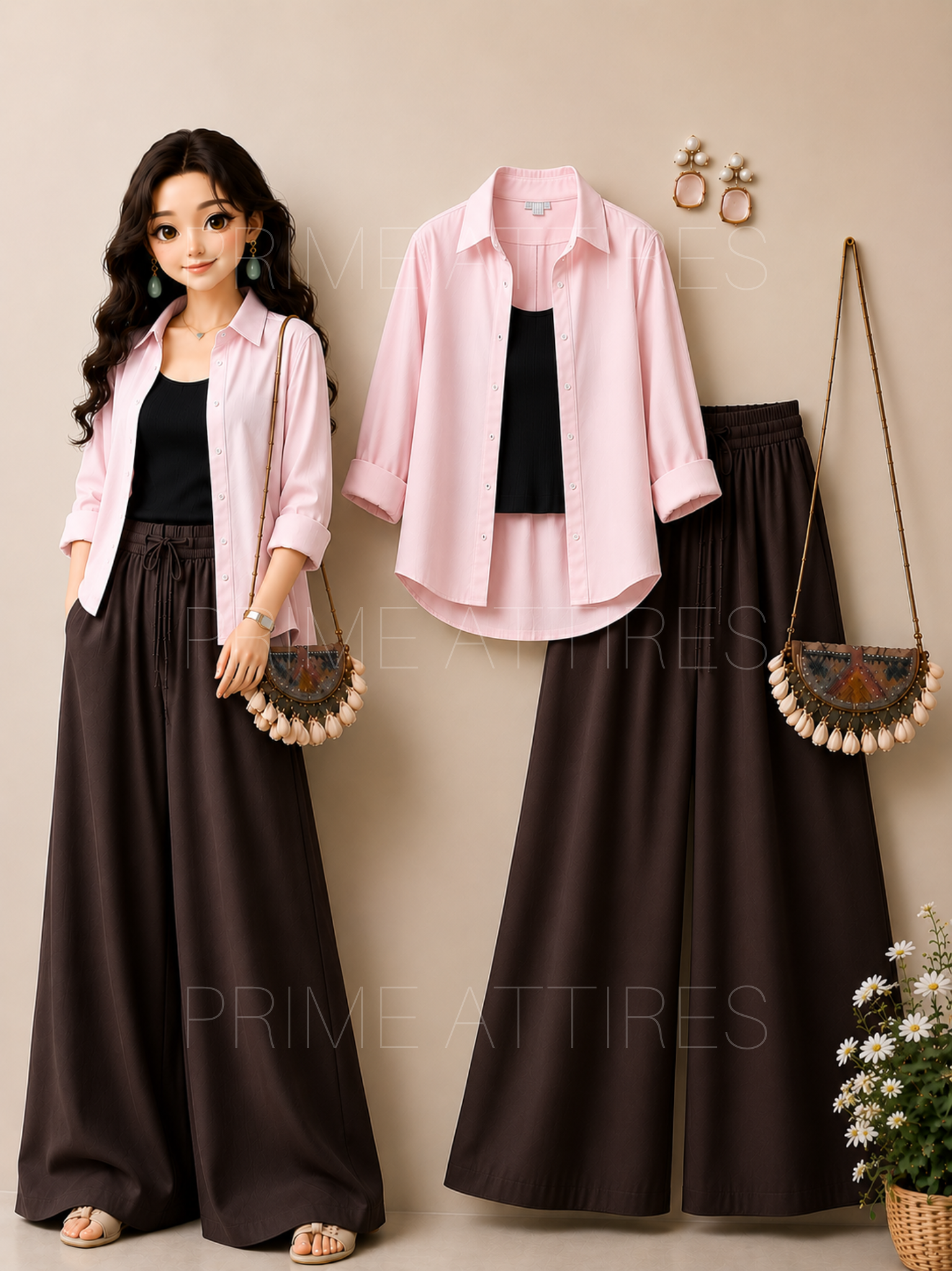 PINK BUTTON DOWN SHIRT + BLACK INNER & BROWN FLAPPER TROUSER